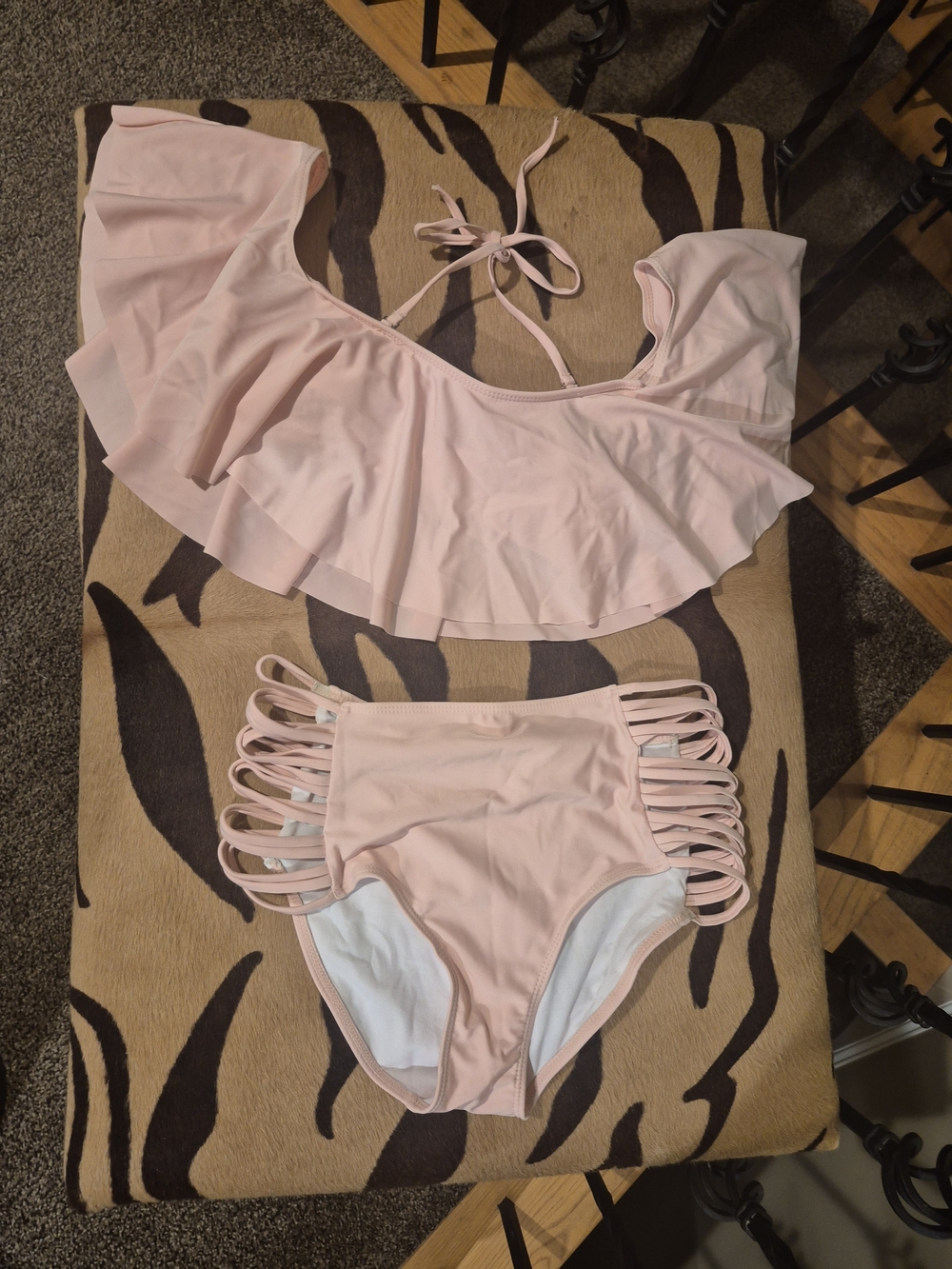 Ruffled Off-Shoulder High-Waist Bikini Set - Light Pink